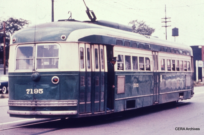 Post-war PCC 7195 on the wye at 81st and Halsted. Chicago's PCCs were unique in having three sets of doors, which allowed them to scoop up lots of passengers. The conductor would then collect fares while the car was moving.