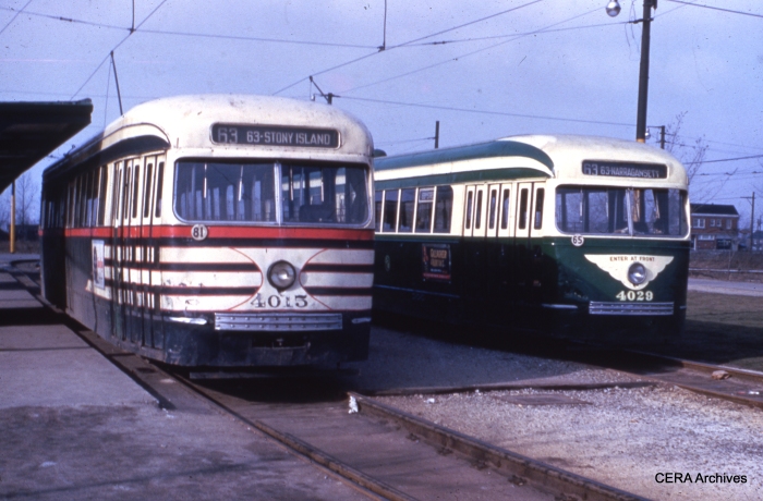 CTA streetcars 4015 and 4029 are part of the same 1936 CSL order for 83 cars, yet look much different. 4015 is still in its CSL "tiger stripes," meant to alert motorists that these cars were wider than previous ones, while 4029 is in the newer CTA green and creme. This picture was probably taken early in 1952. The scene is 63rd and Narragansett, the west end of the line.