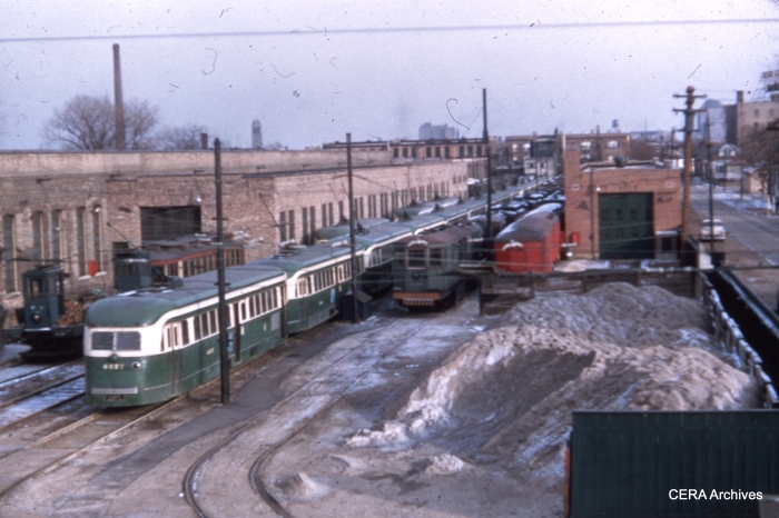 CTA 4027 and a lineup of pre-war PCCs at Devon Station (car barn) in January 1956. These cars were used on route 49-Western from June 18, 1955 to June 17, 1956.