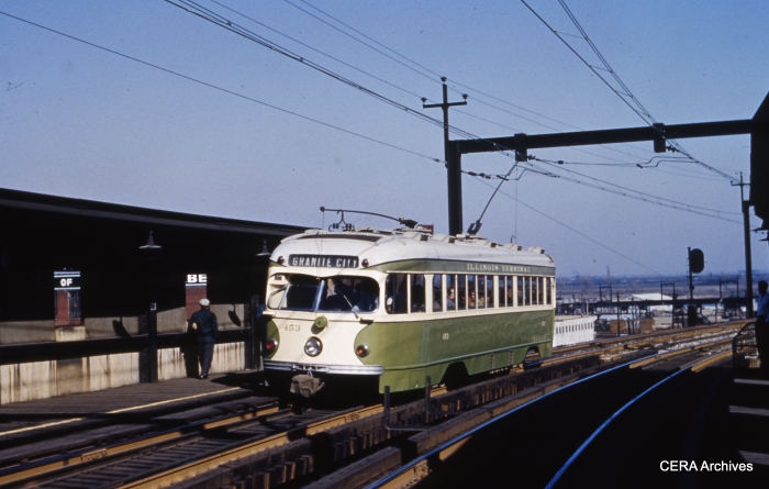 Illinois Terminal 453 at North Market and Broadway in October 1953. Today, we would consider this "light rail."