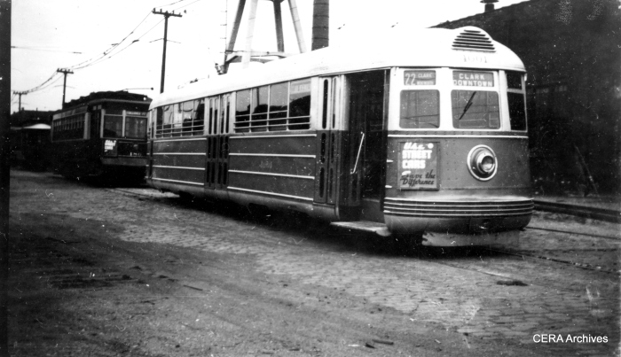 Pullman-built experimental pre-PCC car 4001 at South shops in the late 1930s. (R. J. Anderson Photo – CERA Archives)
