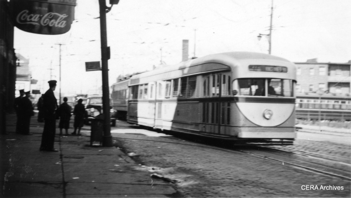 Experimental CSL pre-PCC 7001 at Clark and Schreiber by the Devon Station (carbarn) in the late 1930s. (R. J. Anderson Photo - CERA Archives)