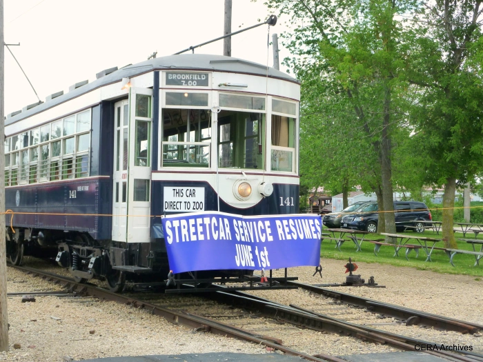 The newly restored Chicago & West Towns car 141 at its dedication ceremony at IRM on June 1, 2014. (Diana Koester Photo - CERA Archives)