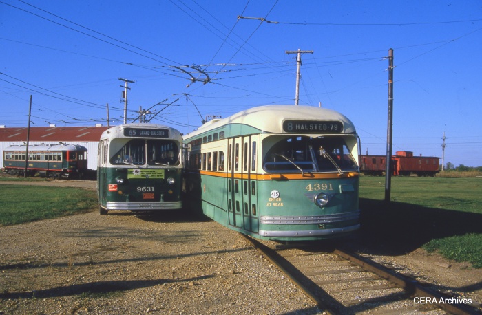 CTA "Green Hornet" PCC 4391 at the Illinois Railway Museum in the mid-1980s. Also visible are CTA trolley coach 9631 and North Shore Line interurban car 160. (David Sadowski Photo - CERA Archives)