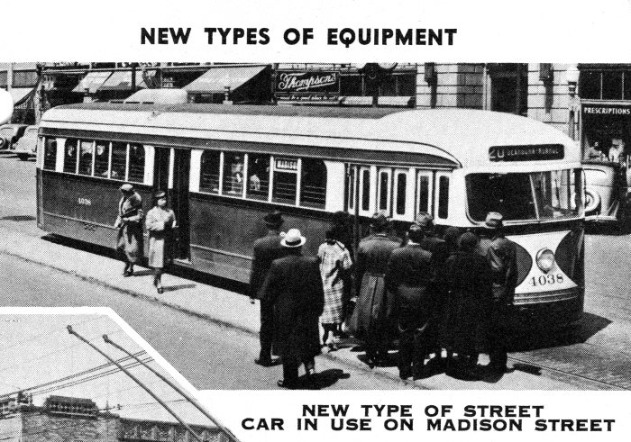 Chicago's first PCCs, shown on the 20-Madison route in 1937. (CERA Archives)