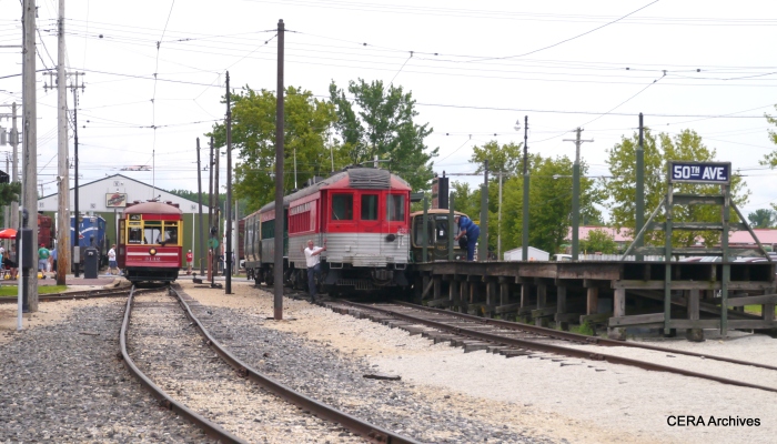 CSL 3142 is on the Trolley Loop, while a two-car train of North Shore Line cars is berthed at the 50th Avenue station. (David Sadowski Photo)