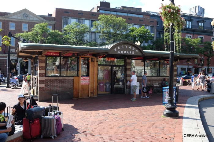 The classic Harvard Square "T" station subway entrance lives on as a magazine stand. The current subway entrance is nearby.