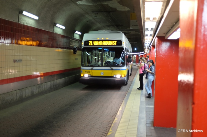 A Route 71 trolley coach in the Harvard Square bus tunnel.