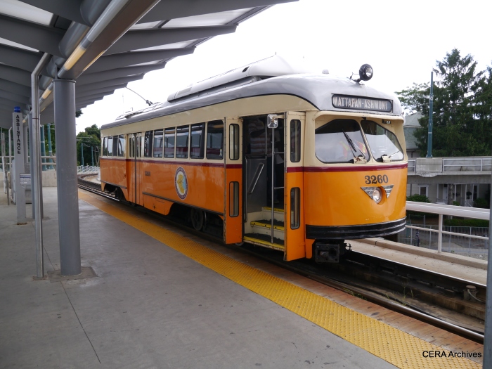 PCC 3260 at Ashmont. Although none are visible in this photo, these cars actually carry lots of passengers.