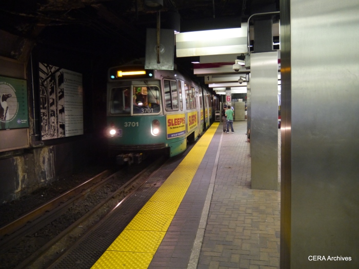 A Type 7 car in the Green Line subway.