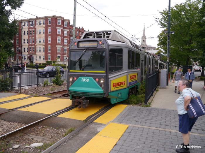 Car 3850 is one of the MBTA's low-floor "Type 8s," delivered between 1999 and 2008.
