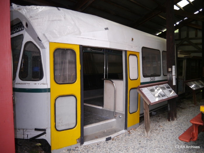 A fuller-length view of the same mockup. Instead of developing this car, MBTA and MUNI collaborated on the design of the Standard Light Rail Vehicle in the early 1970s.