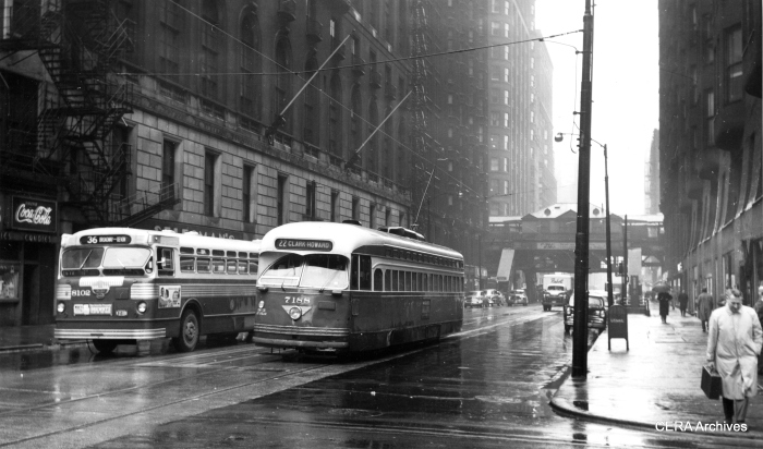CTA PCC 7188, northbound on Dearborn at Jackson in April 1957, passes bus 8102. (Richard S. Short photo, CERA Archives)