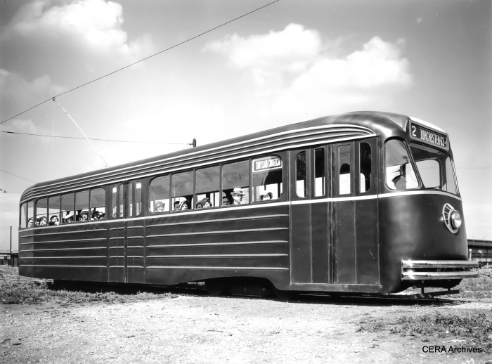 The experimental PCC Model B on display at Chicago's Navy Pier in August 1934. (Pullman Standard photo, courtessy of John Bromley)
