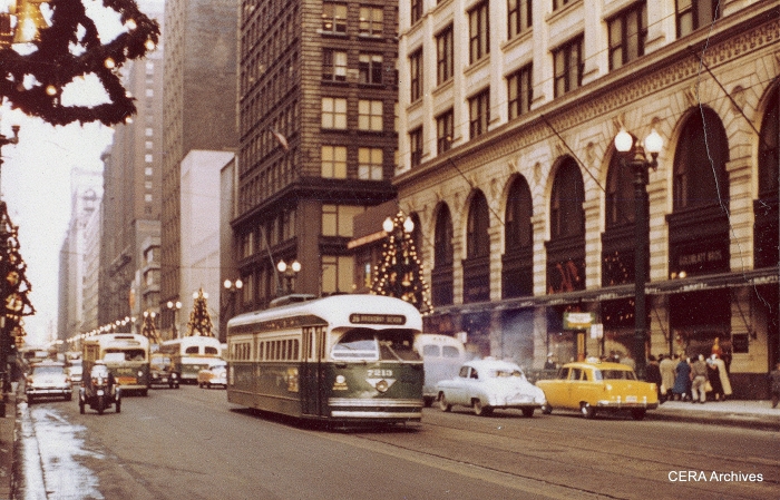 Chicago PCC 7213 on State Street in the early 1950s. This car would end up being the last Chicago streetcar in 1958. (CERA Archives)