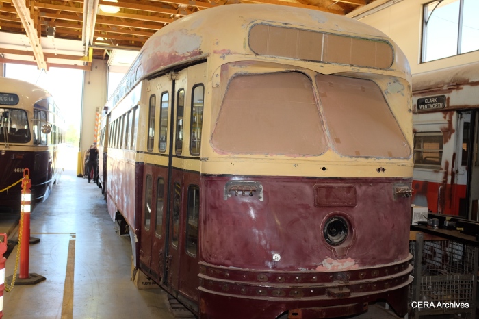 This trolley will eventually be restored and painted as the San Francisco tribute car.