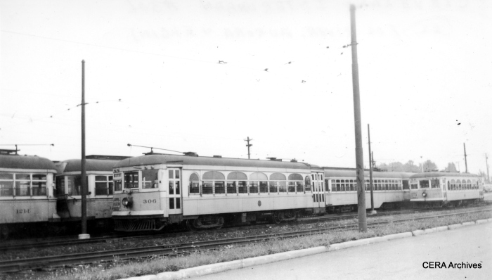 ex-AE&FRE 306 and 304 in service on the Cleveland Rapid. The latter car now resides at the Fox River Trolley Museum in South Elgin. 306 is at the Illinois Railway Museum. (CERA Archives)