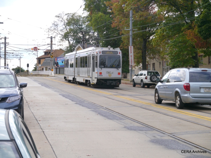 PAT 4204 outbound on Broadway Ave. in Beechview, preparing to enter private right-of-way on October 5, 2014.