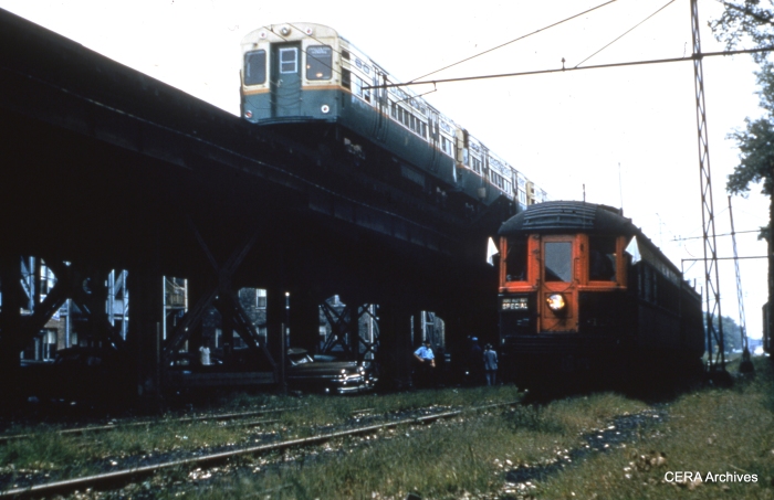 A North Shore Line fantrip train at Buena Yard in the late 1950s. (Ken Spengler Photo - CERA Archives)