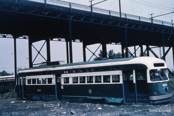 The scrapped body shell of Pullman-built PCC 4211 in St. Louis circa 1954. (CERA Archives)